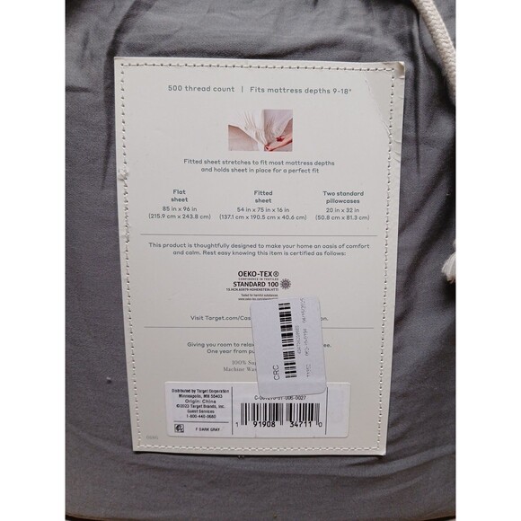 Casaluna Supima Sateen Solid Sheet Set 500 Thread Count Dark Gray Full Sized - Picture 2 of 6